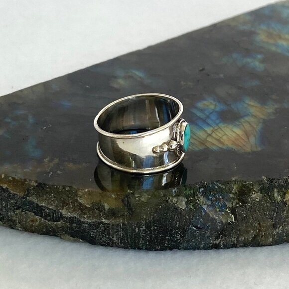 Sterling Silver 925 Oval Bezel Set Turquoise Cigar Band Ring Size 5.75 NEW - Picture 6 of 16